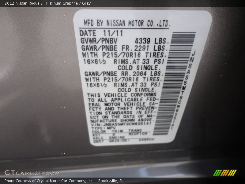 Platinum Graphite / Gray 2012 Nissan Rogue S