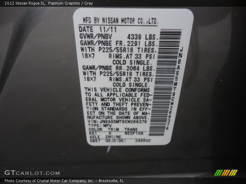 Platinum Graphite / Gray 2012 Nissan Rogue SL