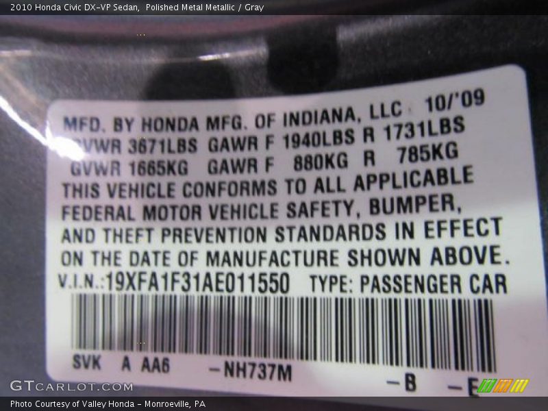 Polished Metal Metallic / Gray 2010 Honda Civic DX-VP Sedan