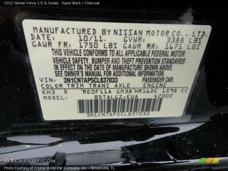 Super Black / Charcoal 2012 Nissan Versa 1.6 SL Sedan