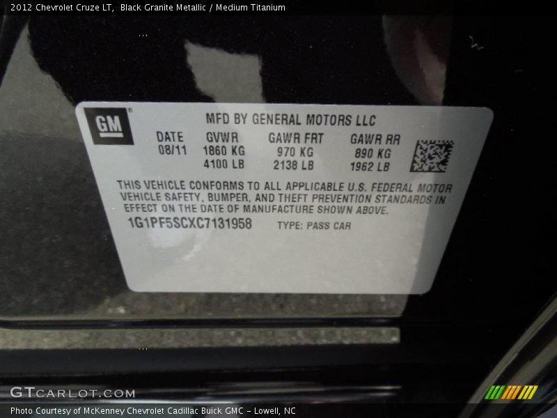 Black Granite Metallic / Medium Titanium 2012 Chevrolet Cruze LT
