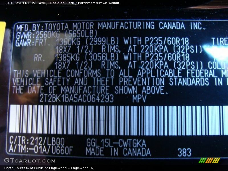 Obsidian Black / Parchment/Brown Walnut 2010 Lexus RX 350 AWD