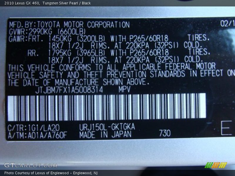 Tungsten Silver Pearl / Black 2010 Lexus GX 460
