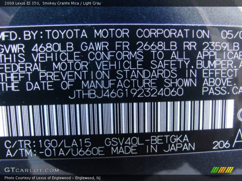 Smokey Granite Mica / Light Gray 2009 Lexus ES 350