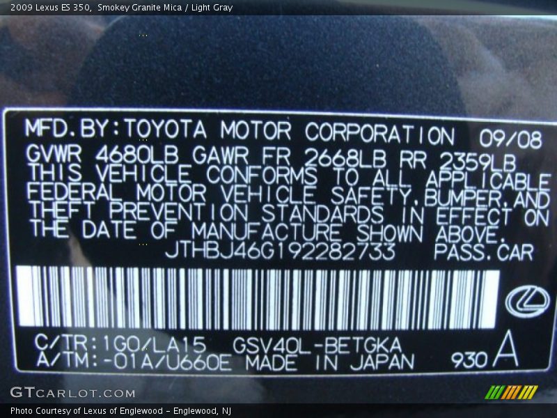 2009 ES 350 Smokey Granite Mica Color Code 1G0