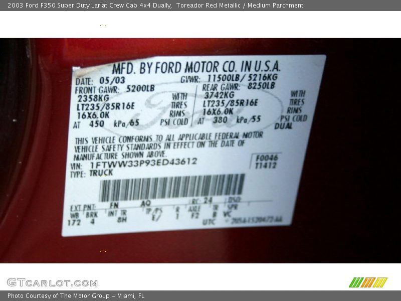 2003 F350 Super Duty Lariat Crew Cab 4x4 Dually Toreador Red Metallic Color Code FN