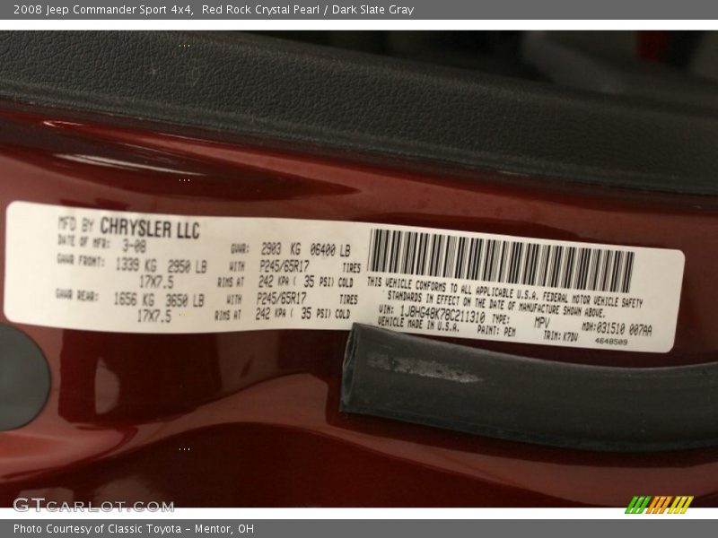 2008 Commander Sport 4x4 Red Rock Crystal Pearl Color Code PEM