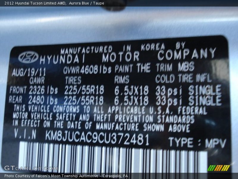 2012 Tucson Limited AWD Aurora Blue Color Code THE