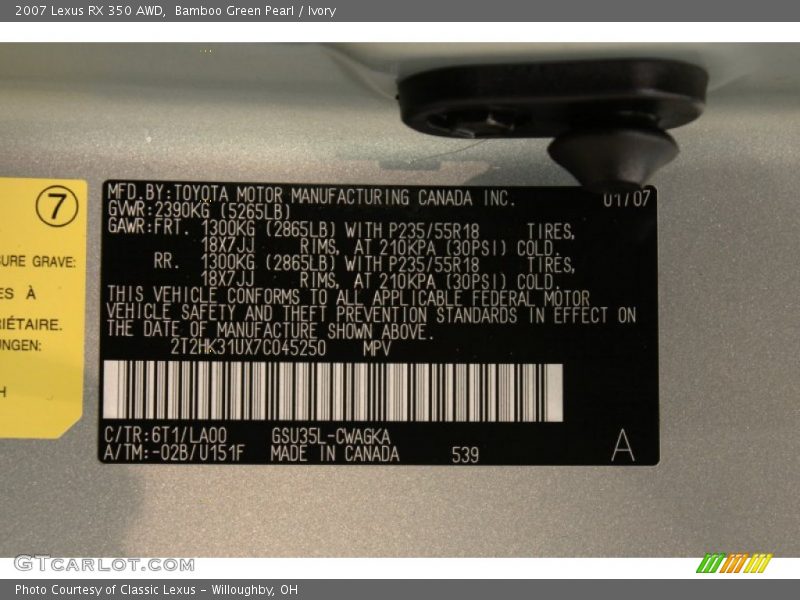 Bamboo Green Pearl / Ivory 2007 Lexus RX 350 AWD