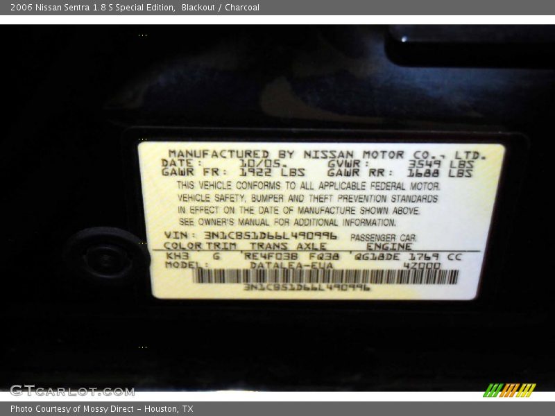 Blackout / Charcoal 2006 Nissan Sentra 1.8 S Special Edition