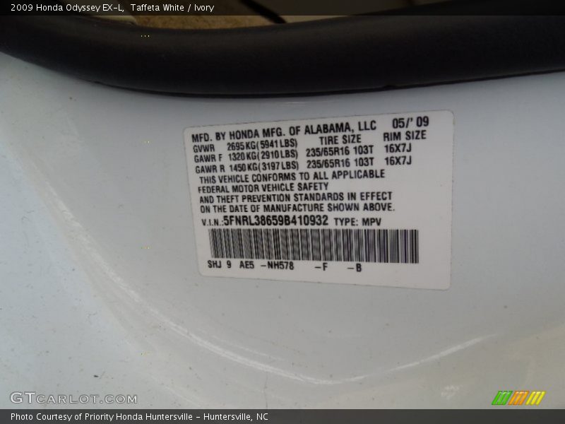 Taffeta White / Ivory 2009 Honda Odyssey EX-L