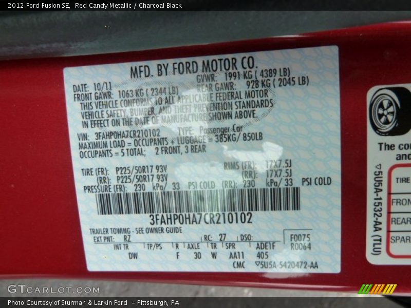 Red Candy Metallic / Charcoal Black 2012 Ford Fusion SE