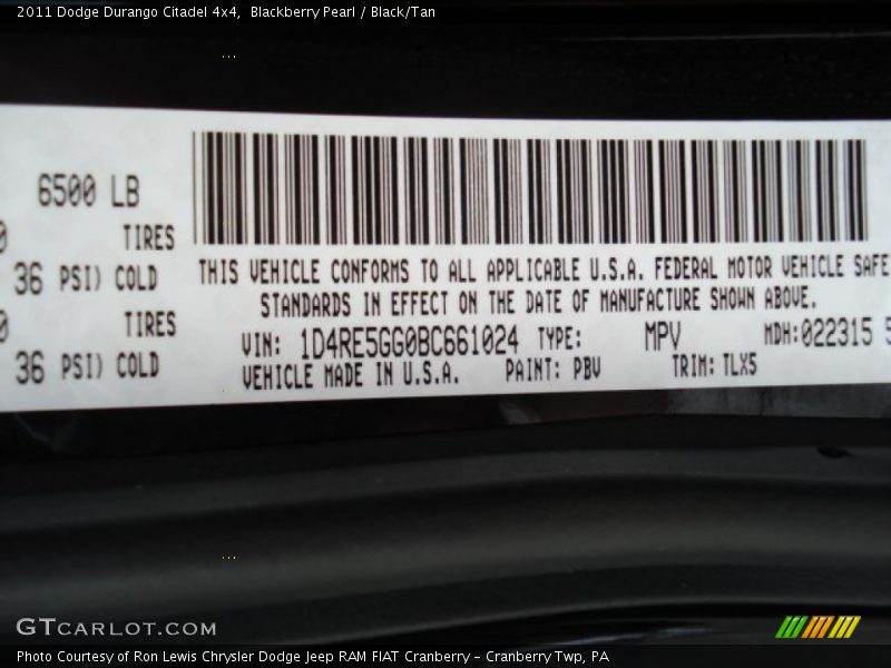 2011 Durango Citadel 4x4 Blackberry Pearl Color Code PBV