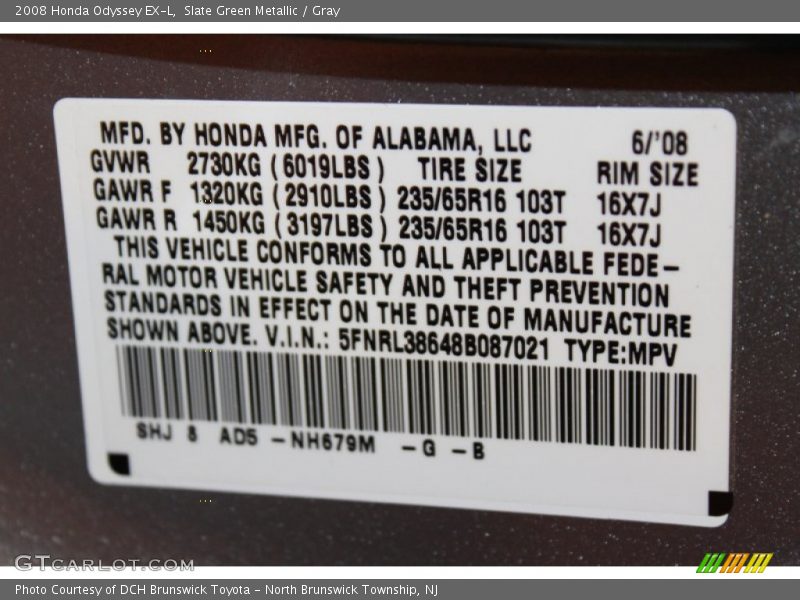 Slate Green Metallic / Gray 2008 Honda Odyssey EX-L