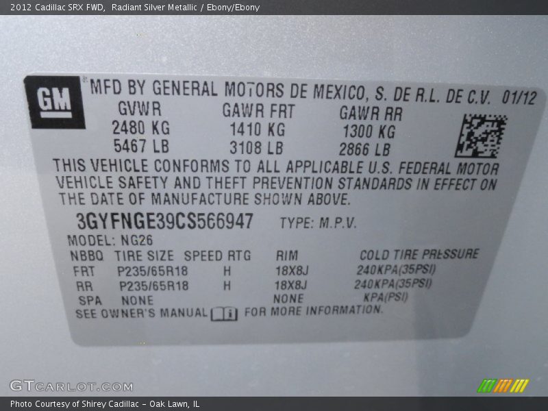 Radiant Silver Metallic / Ebony/Ebony 2012 Cadillac SRX FWD