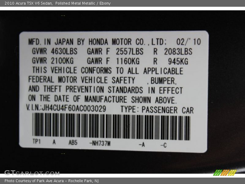 Polished Metal Metallic / Ebony 2010 Acura TSX V6 Sedan
