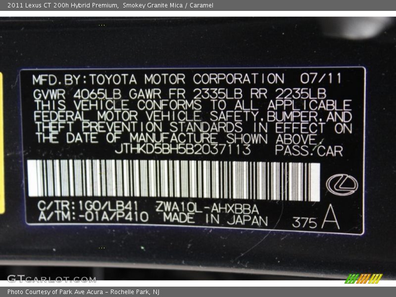 2011 CT 200h Hybrid Premium Smokey Granite Mica Color Code 1G0