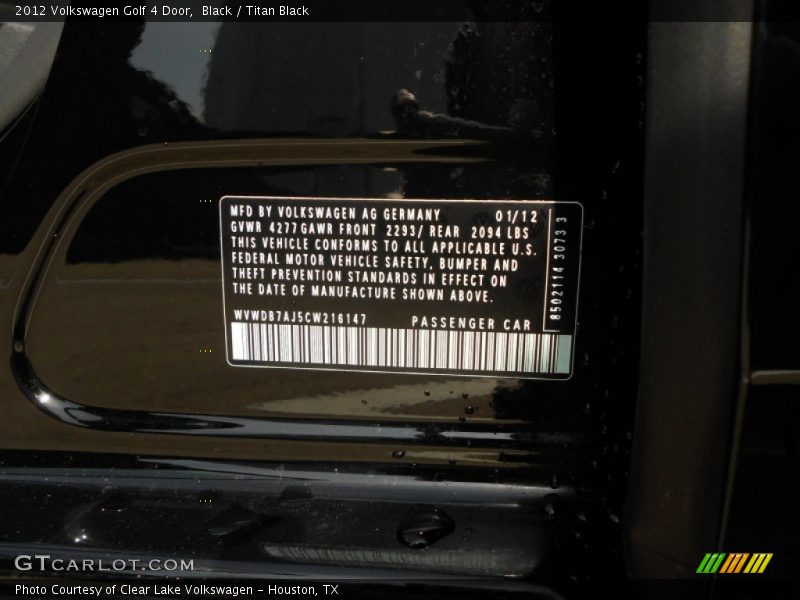 Black / Titan Black 2012 Volkswagen Golf 4 Door