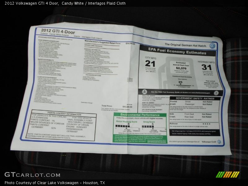  2012 GTI 4 Door Window Sticker