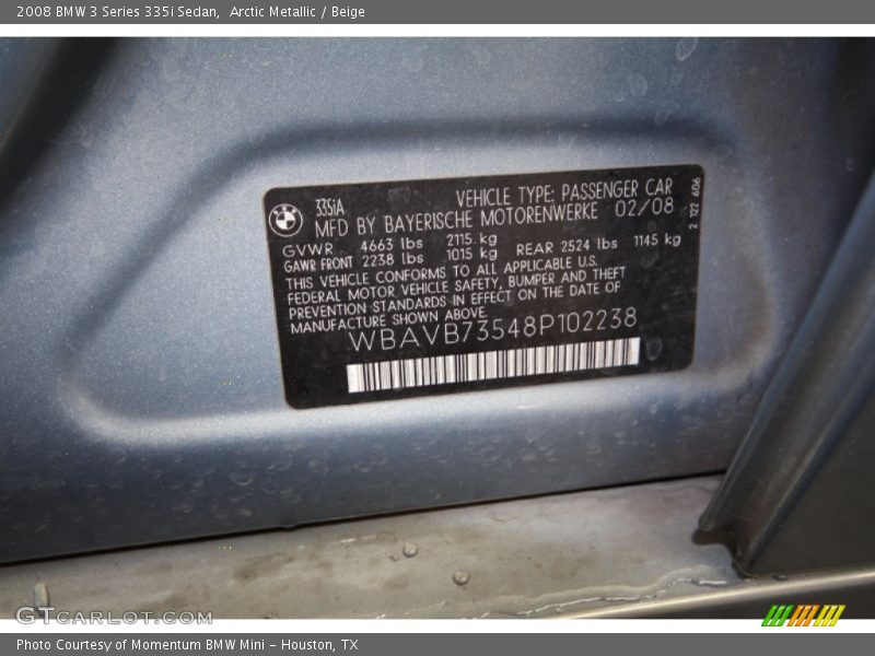 Info Tag of 2008 3 Series 335i Sedan