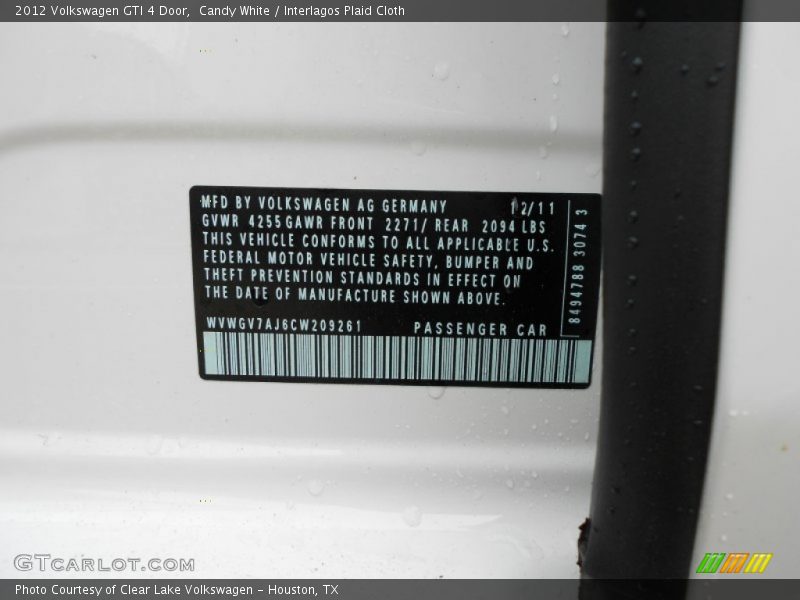 Info Tag of 2012 GTI 4 Door
