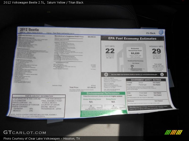 Saturn Yellow / Titan Black 2012 Volkswagen Beetle 2.5L