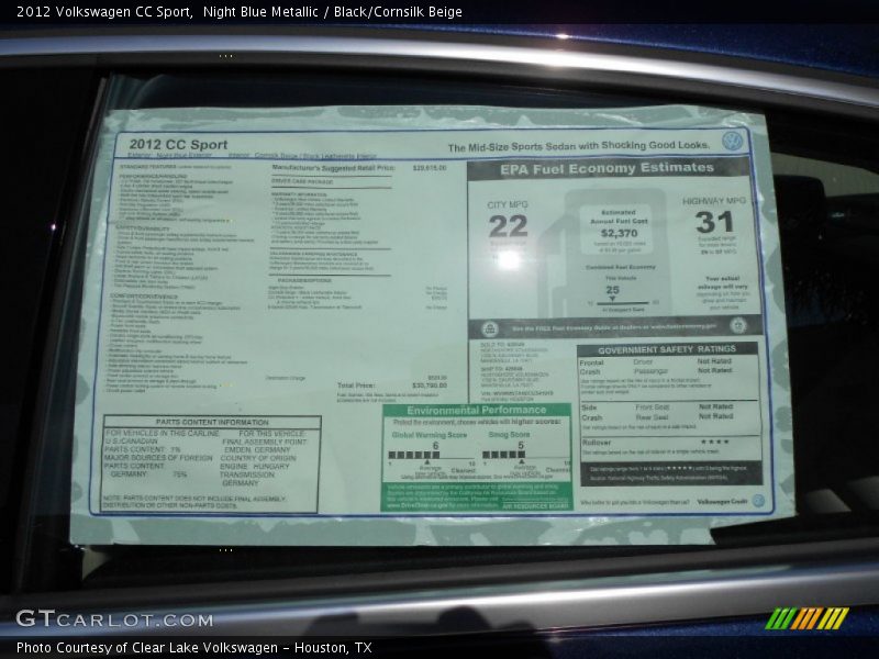 Night Blue Metallic / Black/Cornsilk Beige 2012 Volkswagen CC Sport