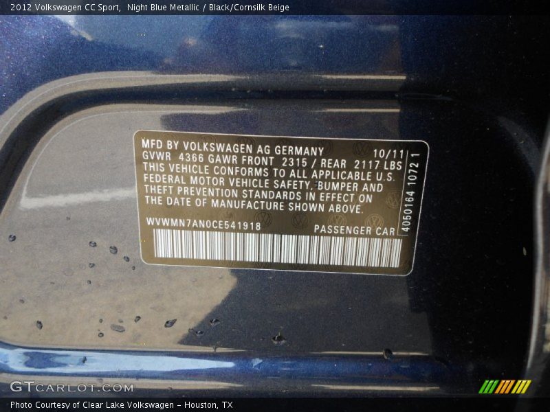 Night Blue Metallic / Black/Cornsilk Beige 2012 Volkswagen CC Sport