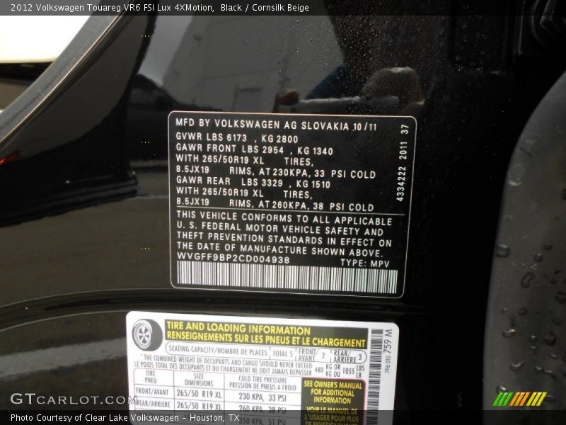 Black / Cornsilk Beige 2012 Volkswagen Touareg VR6 FSI Lux 4XMotion