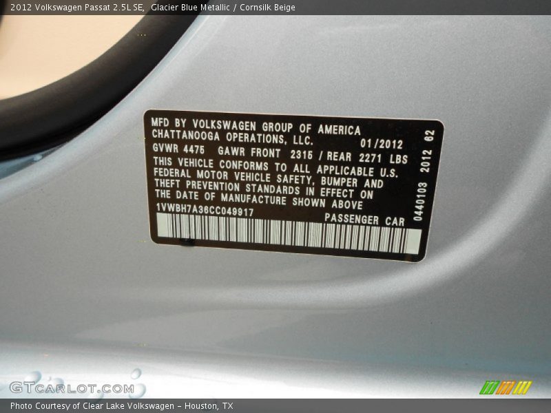 Glacier Blue Metallic / Cornsilk Beige 2012 Volkswagen Passat 2.5L SE