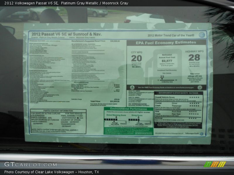  2012 Passat V6 SE Window Sticker