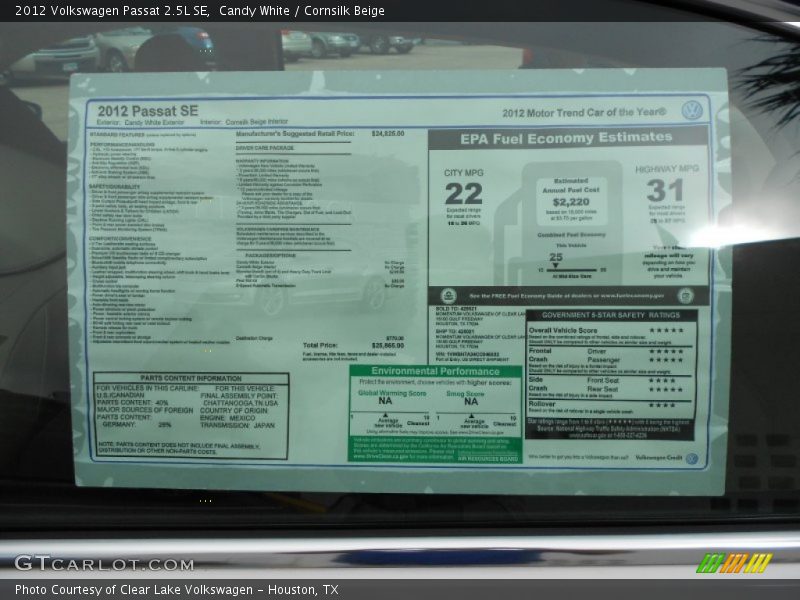 Candy White / Cornsilk Beige 2012 Volkswagen Passat 2.5L SE