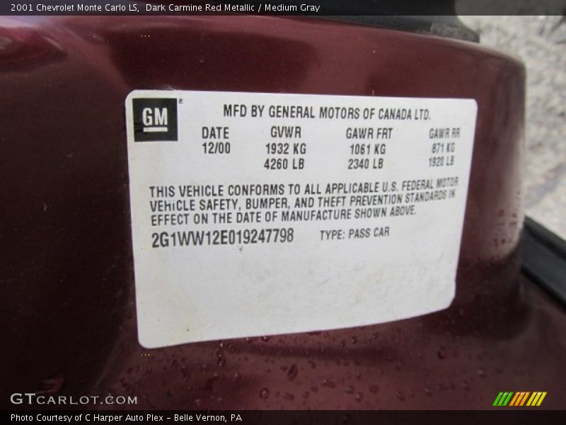 Dark Carmine Red Metallic / Medium Gray 2001 Chevrolet Monte Carlo LS