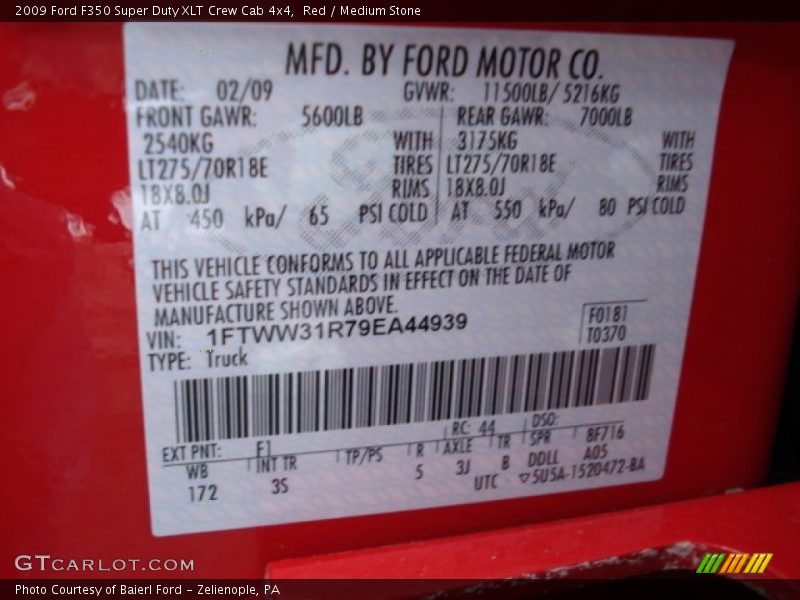 Red / Medium Stone 2009 Ford F350 Super Duty XLT Crew Cab 4x4