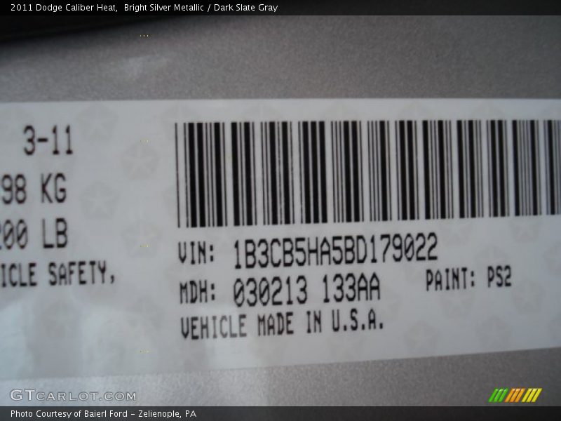 2011 Caliber Heat Bright Silver Metallic Color Code PS2