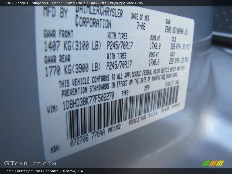2007 Durango SXT Bright Silver Metallic Color Code PS2