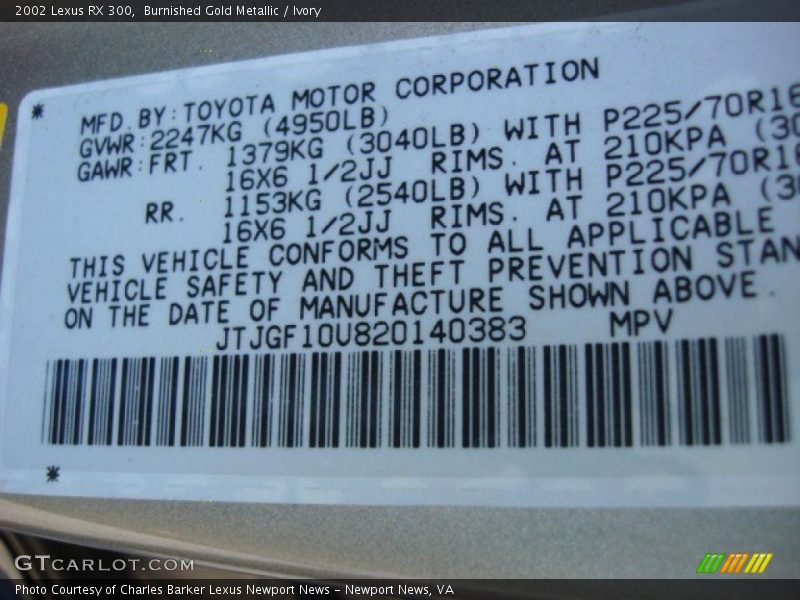 Burnished Gold Metallic / Ivory 2002 Lexus RX 300