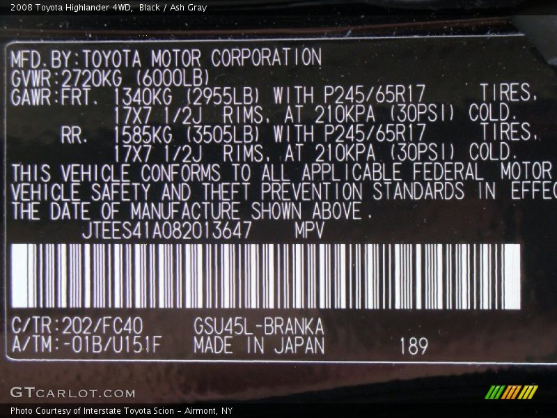 Black / Ash Gray 2008 Toyota Highlander 4WD