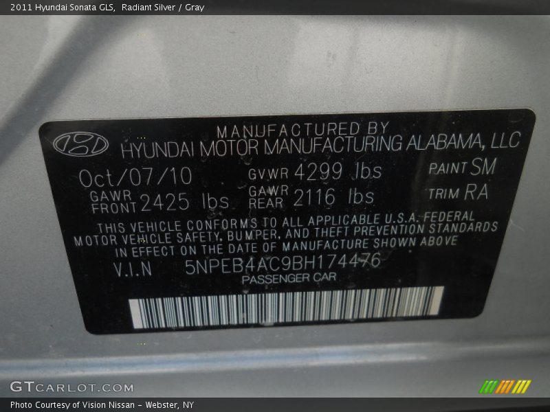 Radiant Silver / Gray 2011 Hyundai Sonata GLS
