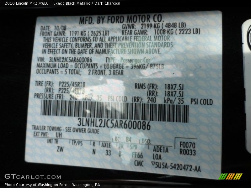 Tuxedo Black Metallic / Dark Charcoal 2010 Lincoln MKZ AWD