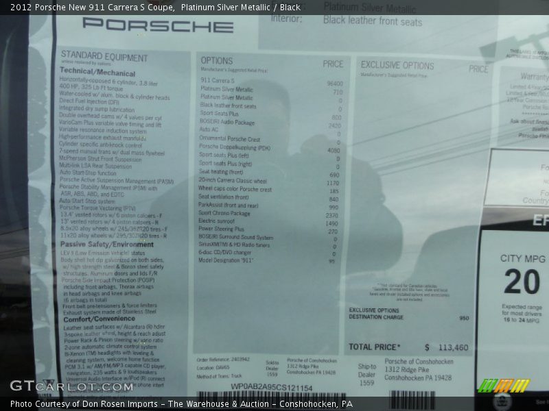  2012 New 911 Carrera S Coupe Window Sticker