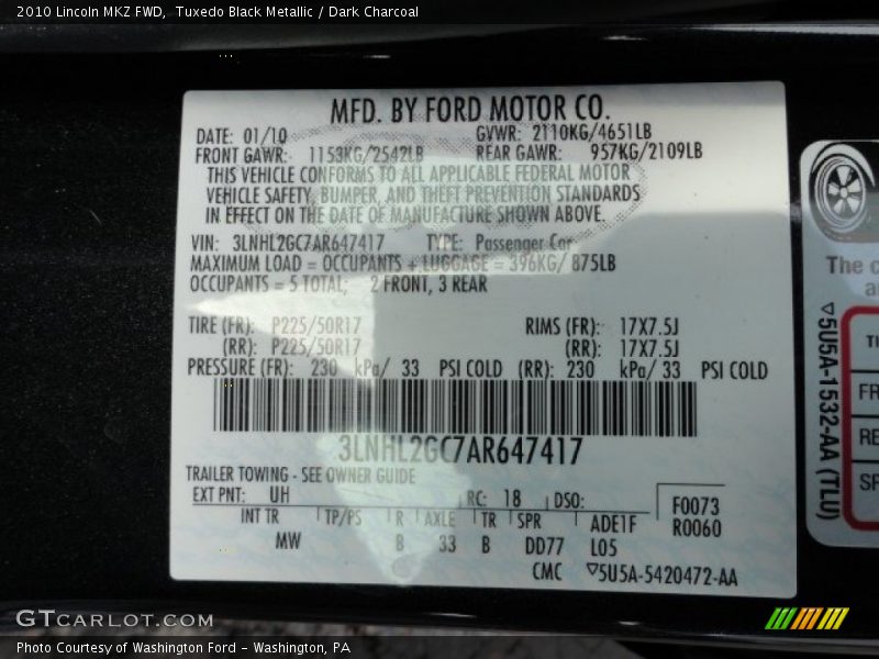 Tuxedo Black Metallic / Dark Charcoal 2010 Lincoln MKZ FWD