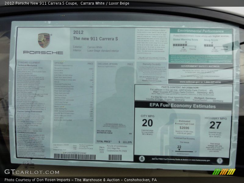  2012 New 911 Carrera S Coupe Window Sticker