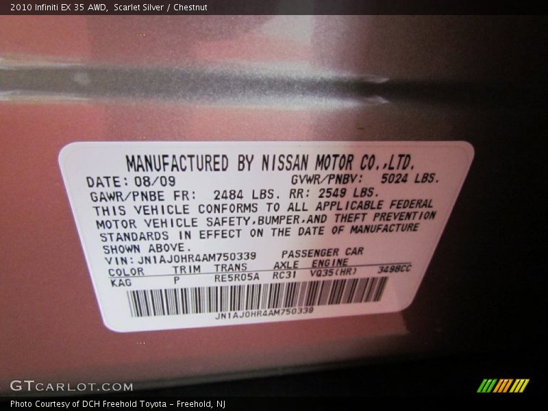 2010 EX 35 AWD Scarlet Silver Color Code KAG