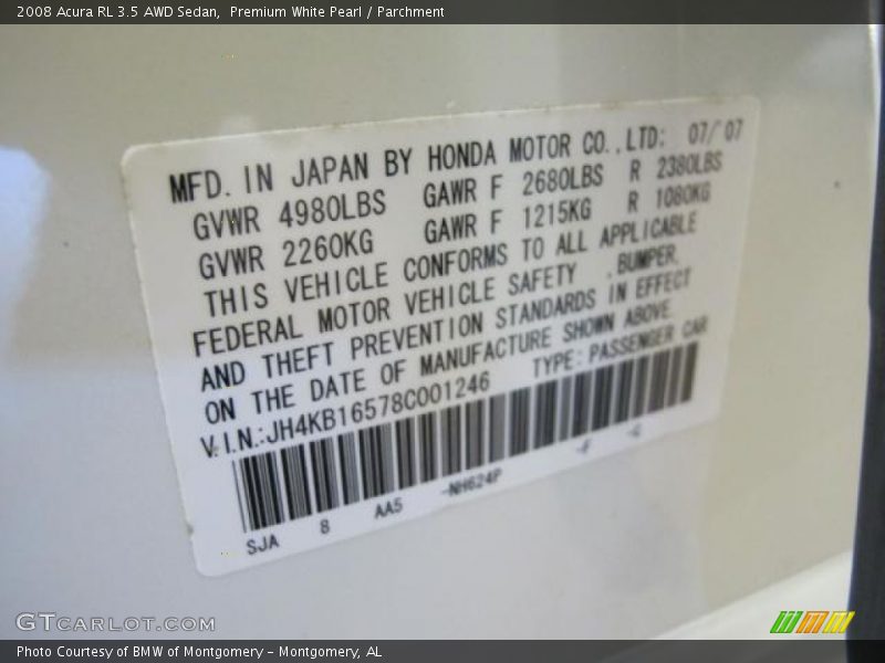 Premium White Pearl / Parchment 2008 Acura RL 3.5 AWD Sedan