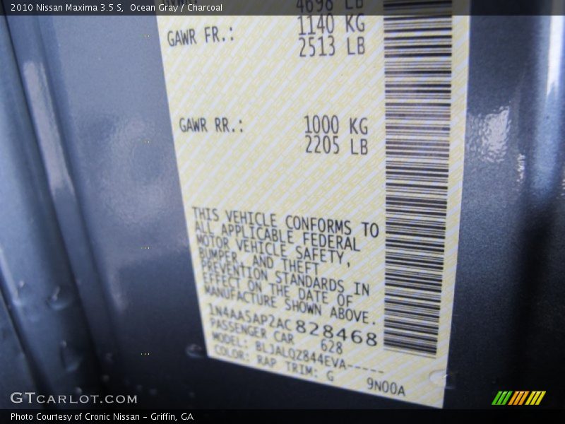 Ocean Gray / Charcoal 2010 Nissan Maxima 3.5 S