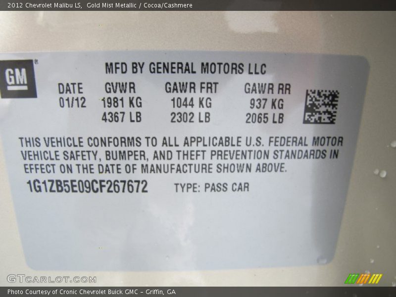Gold Mist Metallic / Cocoa/Cashmere 2012 Chevrolet Malibu LS