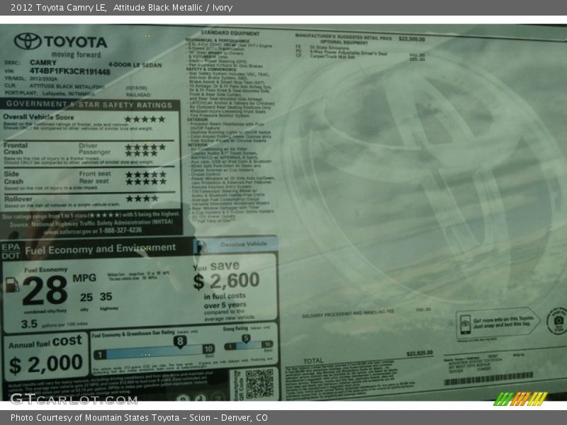 Attitude Black Metallic / Ivory 2012 Toyota Camry LE