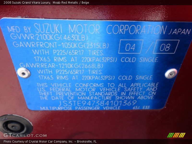 Moab Red Metallic / Beige 2008 Suzuki Grand Vitara Luxury