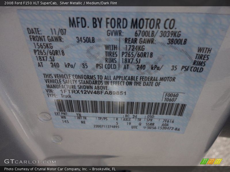 2008 F150 XLT SuperCab Silver Metallic Color Code YN
